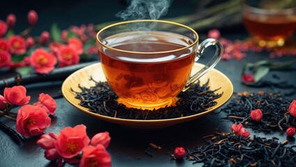 Poster - Elegant black tea in a transparent cup surrounded by vibrant flowers and loose tea leaves creating a serene and inviting tea time atmosphere.