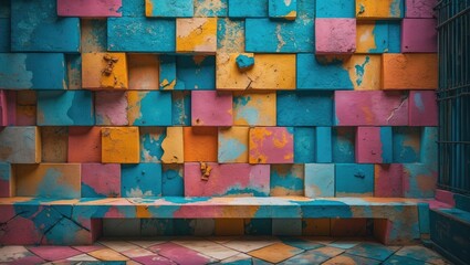 Poster - Colorful textured wall with abstract block patterns in vibrant blue, pink, yellow, and orange hues, showcasing wear and peeling paint