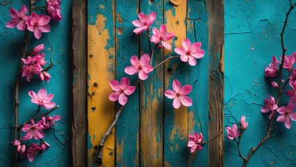Wall Mural - Pink cherry blossom branches on distressed turquoise wooden background with yellow accents
