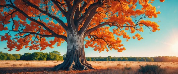 Poster - Large autumn tree with vibrant orange leaves in a sunny field under a clear blue sky surrounded by greenery and sunlight.