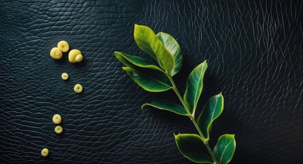 Aufkleber - Green leaves and yellow fruits on a textured black leather background creating a contrast of natural elements and stylish design.