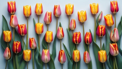 Poster - colorful tulips in various shades of yellow pink and red arranged symmetrically on a light background