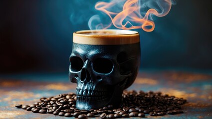 Poster - Black coffee in a skull-shaped cup on coffee beans with steam rising creating a moody and artistic atmosphere.