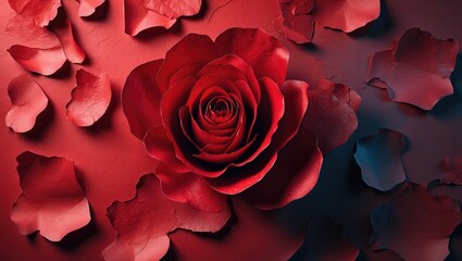 Poster - Red rose flower surrounded by scattered rose petals on a dark background for floral decoration or design purposes.