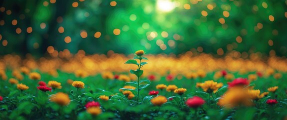 Poster - Colorful flower field with vibrant red and yellow blooms against a blurred green background with soft bokeh lights.