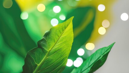 Poster - Green leaves with bright bokeh background depicting nature and freshness in a soft focus composition