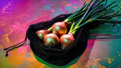 Leinwandbilder - Colorful background with a black mesh bag containing fresh onions, showcasing vibrant produce in a creative arrangement.