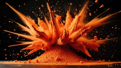 Poster - Colorful powdered explosion in dark background with vibrant orange hue and dynamic particles scattering in all directions