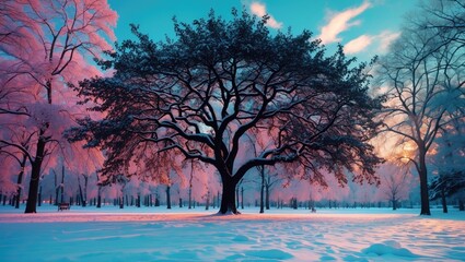 Poster - Majestic silhouette of a black tree in a snowy winter park at twilight with colorful sky and serene surroundings.