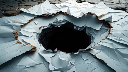 Aufkleber - Conceptual representation of a black hole emerging from crumpled white paper with textured edges on a dark surface