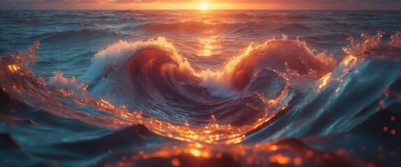 Poster - Sunset over ocean waves with illuminated water surface creating reflections and textures in a calm seascape environment