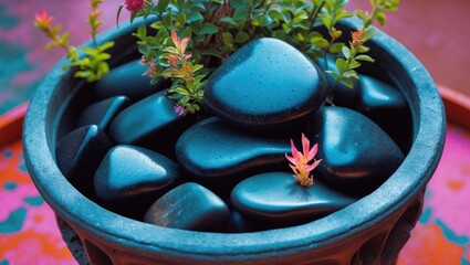 Aufkleber - Decorative Black Stones with Greenery in a Modern Planter for Elegant Home Decor and Landscaping Design