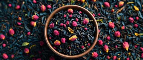Poster - Dried black tea leaves with colorful flower petals displayed in a bowl on a textured background showcasing vibrant natural elements.
