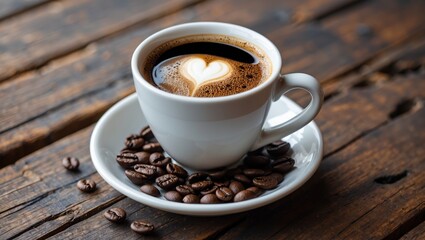 Poster - Coffee Cup with Heart Design on Top Surrounded by Coffee Beans on Rustic Wooden Table