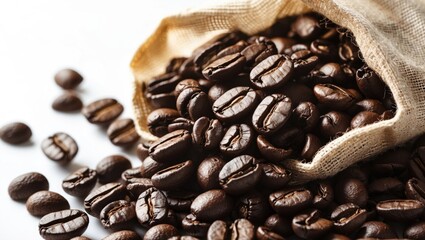 Poster - Freshly roasted black coffee beans spilling from a burlap sack isolated on a white background for food and beverage marketing purposes.