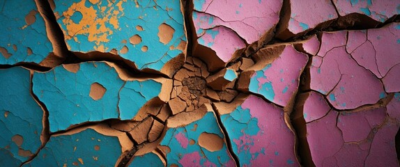 Poster - Cracked colorful paint surface with blue, pink, and orange hues revealing underlying texture and patterns on a wall.