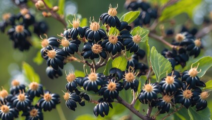 Poster - Black Elderberries clusters in macro detail showcasing flowers and leaves under natural sunlight with selective focus for a vibrant look.