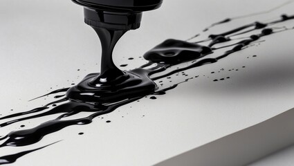 Poster - Black ink flowing unevenly on textured paper creating an artistic design with drips and splatters for creative backgrounds.