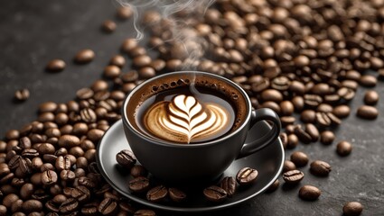Poster - Artistic coffee cup with latte art surrounded by coffee beans on a textured surface, creating a warm and inviting atmosphere.