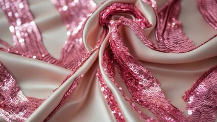 Poster - Pink sequined fabric draped elegantly showcasing shimmer and texture on a smooth beige background
