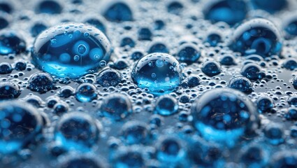 Poster - Close-up of blue water droplets on a surface with bubbles and reflections creating a textured background