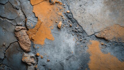 Poster - Textured surface of cracked concrete wall with orange and gray paint remnants, showing erosion and wear in an urban setting