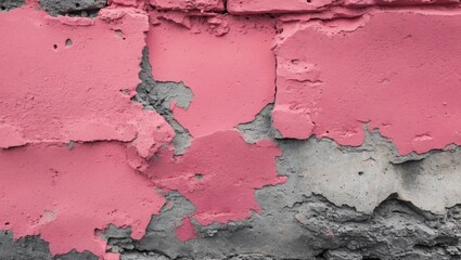 Poster - Peeling pink paint on a gray concrete wall texture with exposed surface details and weathered appearance