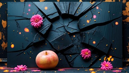 Leinwandbilder - Cracked black charred board decorated with pink flowers and an apple showcasing a contrast of colors and textures in a creative arrangement