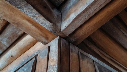 Wall Mural - Corner detail of wooden beams and planks in rustic architecture showcasing grain and texture of natural wood structures