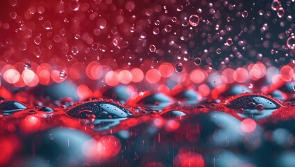Poster - Close-up view of droplets on colorful surface with red background and bokeh effect creating a textured, abstract pattern