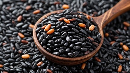 Poster - Black rice grain texture in wooden spoon surrounded by scattered black rice showcasing nutritional richness and culinary uniqueness.
