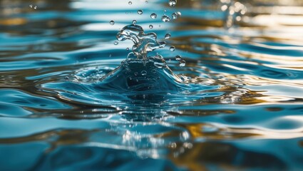 Poster - Close-up of water droplets splashing on the surface of calm blue water creating ripples and reflections in a natural setting