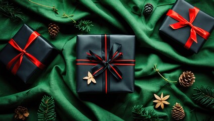 Aufkleber - Elegant black gift boxes with red ribbons set on lush green fabric, surrounded by seasonal pinecones and foliage, creating a festive atmosphere.