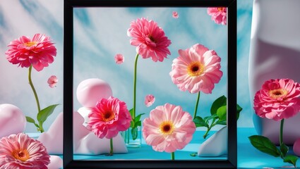 Fototapete - Floral still life with pink flowers displayed in a black photo frame against a vibrant blue background for creative mockup use.