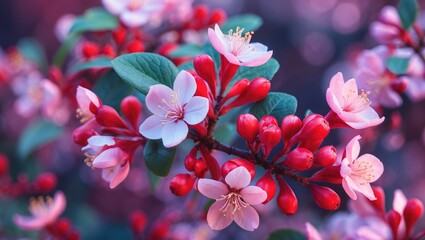 Poster - Pink and red flowering branches with green leaves and blurred background in soft focus botanical setting