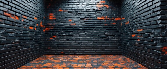 Poster - Textured black brick wall with orange accents creating an industrial design backdrop suitable for various creative projects.