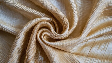 Poster - Textured golden satin fabric draped and twisted showing intricate patterns and sheen close up