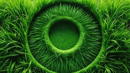 Poster - Green circular grass pattern with textured blades creating a natural frame and empty center space for design elements or text.