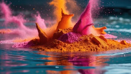 Poster - Colorful powder explosion on water surface creating vibrant splashes of pink and orange against dark background