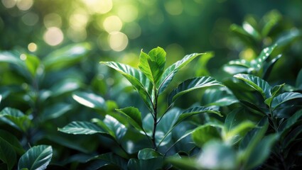Poster - Close-up of green foliage with sunlight creating a bokeh effect in the background showcasing vibrant leaves and lush plant life
