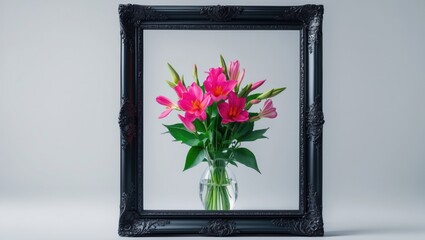 Aufkleber - Elegant black photo frame showcasing vibrant pink flowers in a glass vase against a minimalist white backdrop for artistic display.