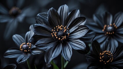 Aufkleber - Elegant dark floral arrangement featuring striking black flowers with golden accents against a soft blurred background.