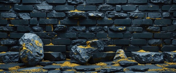 Poster - Dark Textured Brick Wall with Decorative Yellow Accents and Stone Elements Ideal for Background or Artistic Design Applications