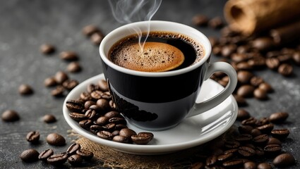 Poster - Aromatic black coffee in a white cup surrounded by roasted coffee beans and a cinnamon stick on a dark textured background