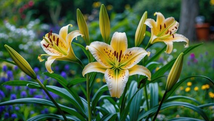Poster - Yellow lilies with green leaves in a vibrant garden setting with blurred background of colorful flowers and foliage.