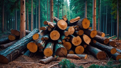 Poster - Stacked logs in a forest environment with tall evergreen trees and natural ground cover showcasing timber production and forestry management