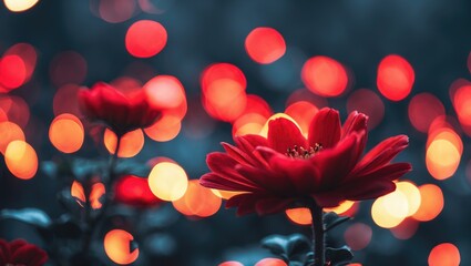 Poster - Red flowers in the foreground with a blurred background of warm bokeh lights creating a contrasting visual effect