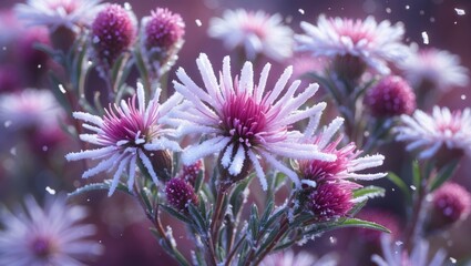 Wall Mural - Frost covered pink and white daisies in a winter landscape with snowflakes gently falling around the flowers