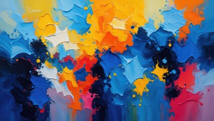  - Abstract colorful oil painting with vibrant blue, yellow, orange, and white hues blending in dynamic textured strokes