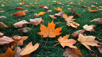 Poster - Colorful autumn leaves scattered on green grass surface creating a seasonal landscape background with a focus on maple leaves.